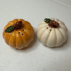 Small Ceramic Pumpkin Salt and Pepper Shakers Fall Autumn Decor White and Orange